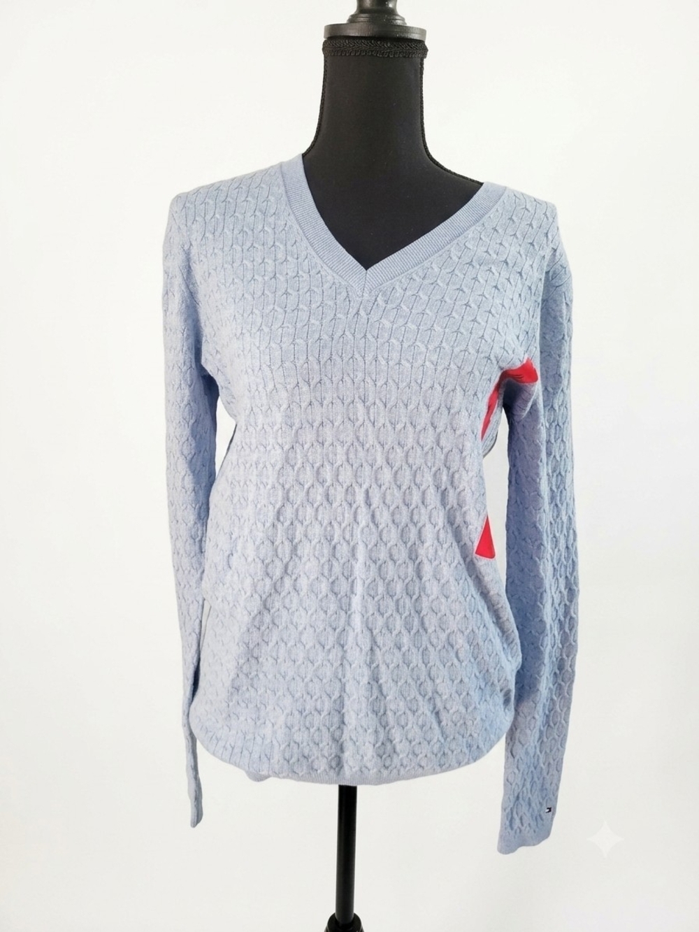 Tommy Hilfiger Light Blue V-Neck Cable Knit Sweater with Red Accent